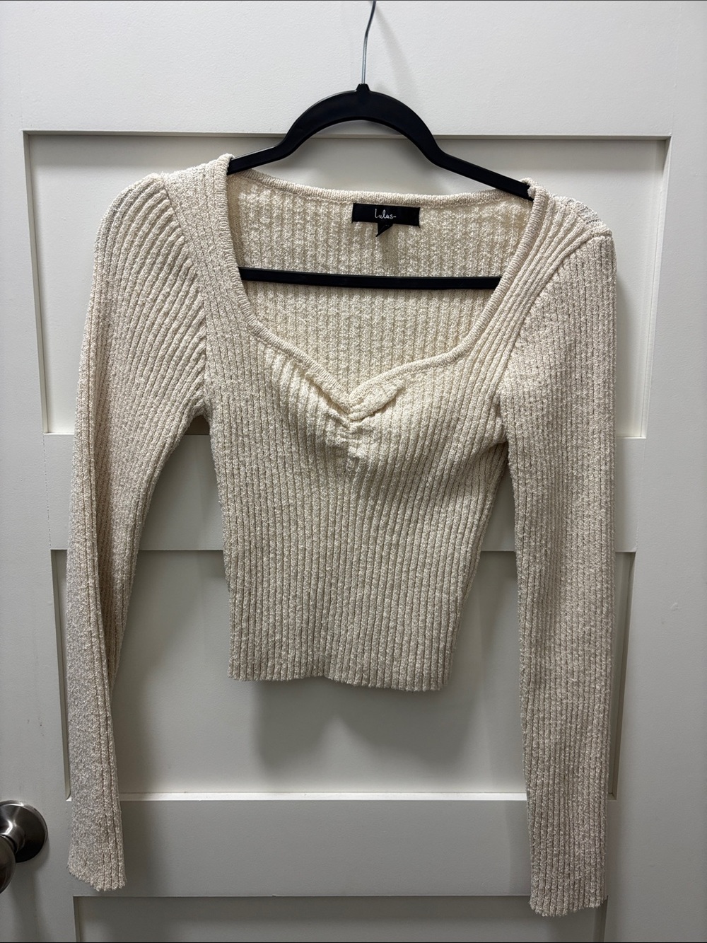 Lulu's Ivory Ribbed V-Neck Ruched Front Sweater